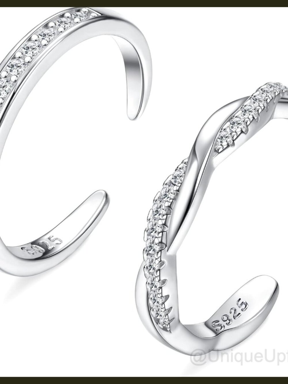 Sterling Silver Toe Rings Set Adjustable Band CZ Foot Jewelry 2 Pcs